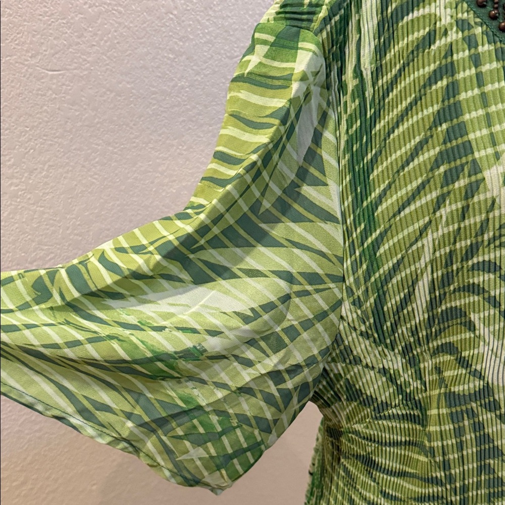 Catherines Green Patterned V-Neck Top with Beaded Trim - Picture 5 of 8